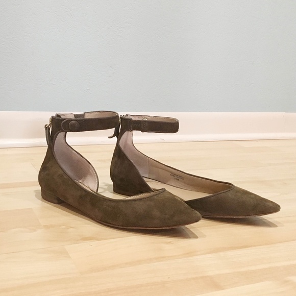 Ann Taylor olive green suede ankle strap flats - Picture 1 of 5